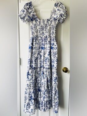 Blue and White Toile Maxi Dress with Deer pattern